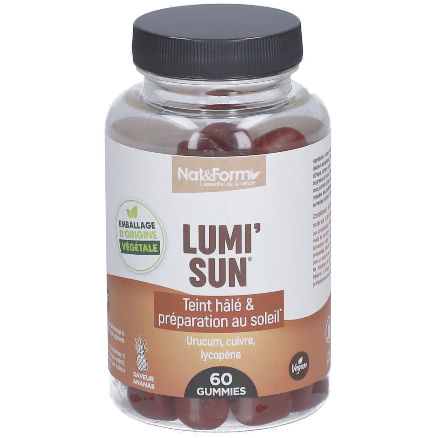 Flacon transparent avec gummies. Inscription Lumi' Sun, 60 gummies. Vegan.