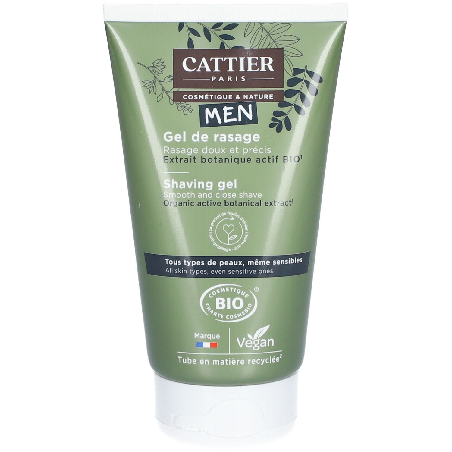 Tube vert CATTIER Gel de rasage. Inscription: MEN, Gel de rasage, Extrait botanique actif BIO. Label Vegan. Bouchon blanc.
