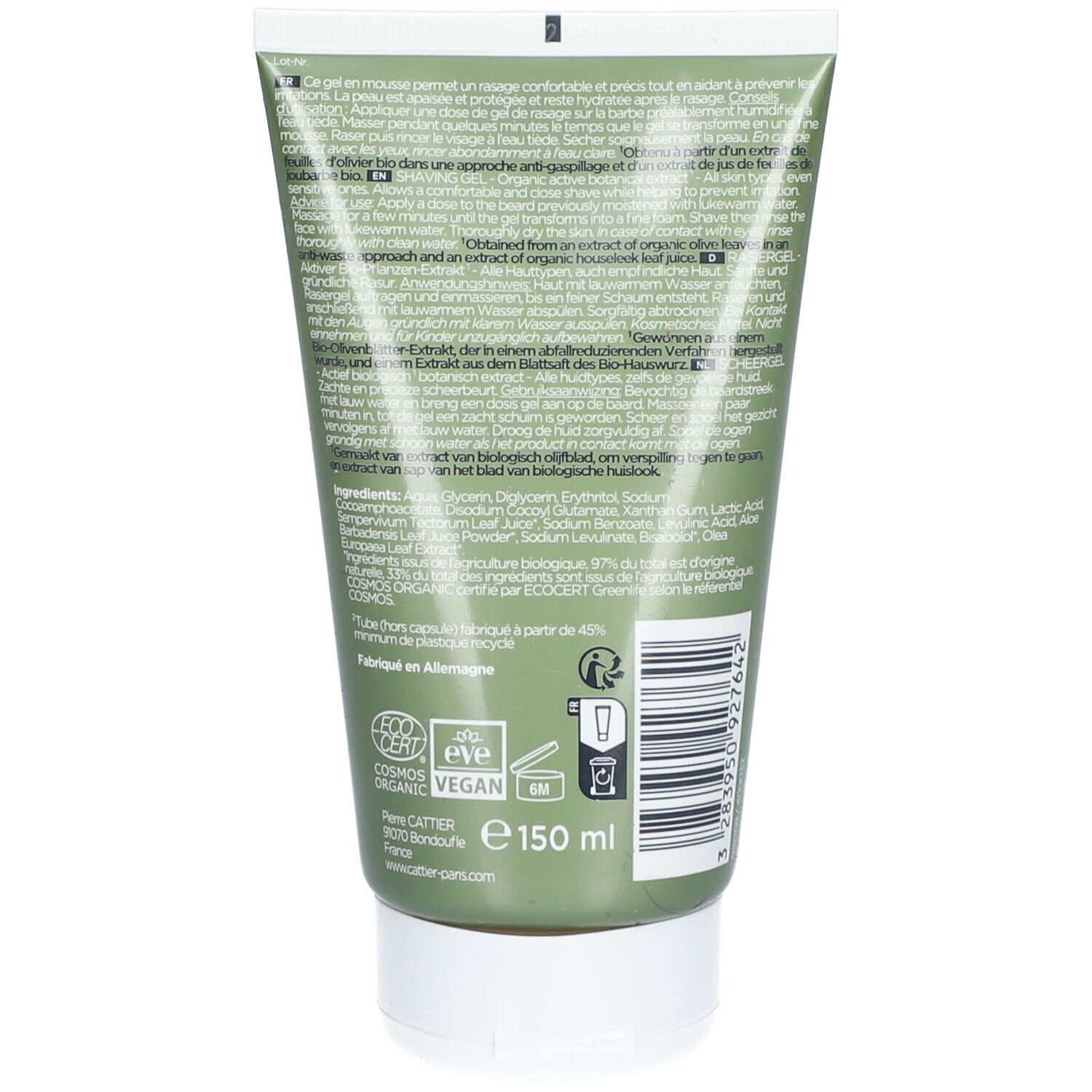 Dos du tube vert CATTIER Gel de rasage. Texte multilingue. Label Vegan. 150 ml. Bouchon blanc.