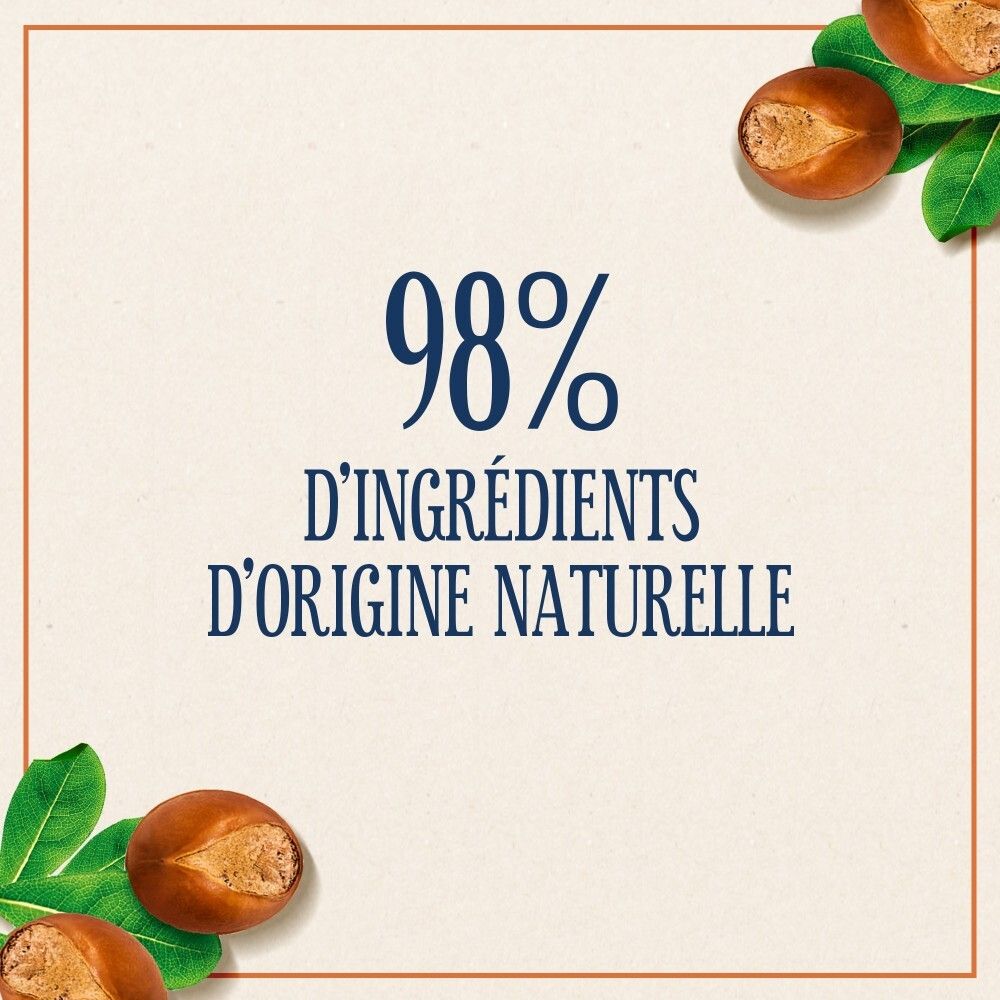 98% d'ingrédients d'origine naturelle, avec noix de karité et feuilles.