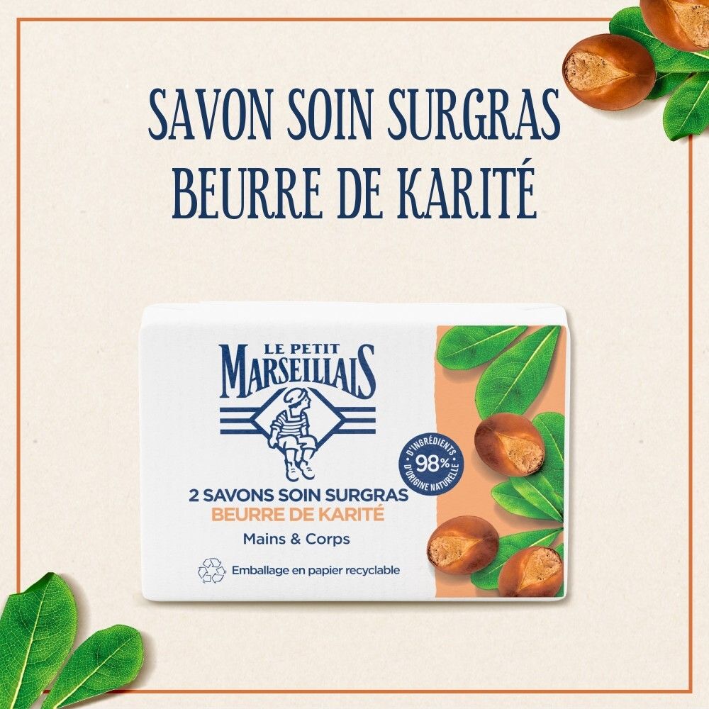 Savons Le Petit Marseillais au beurre de karité, pour les mains et le corps.
