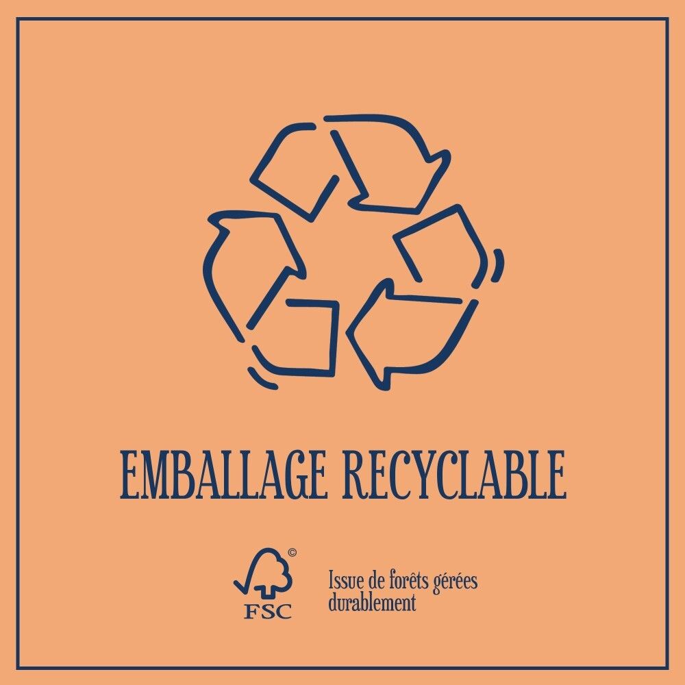 Symbole de recyclage et logo FSC sur fond orange.