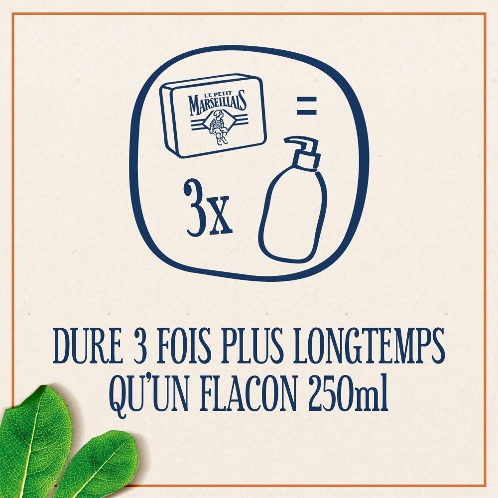 Comparaison: Trois savons Le Petit Marseillais équivalent à un flacon de 250ml de savon liquide.