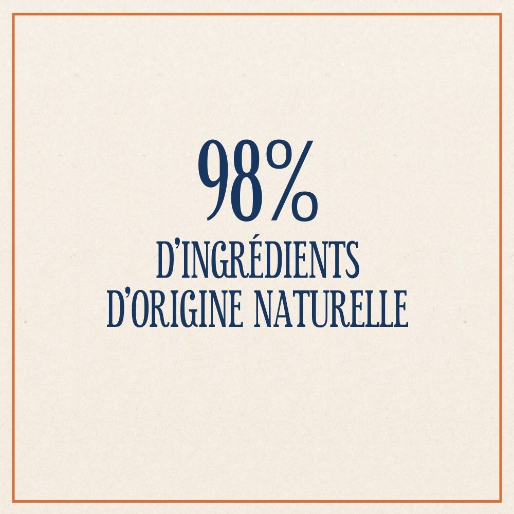 98% d'ingrédients d'origine naturelle, indiqué sur l'emballage Le Petit Marseillais Savon Brut.