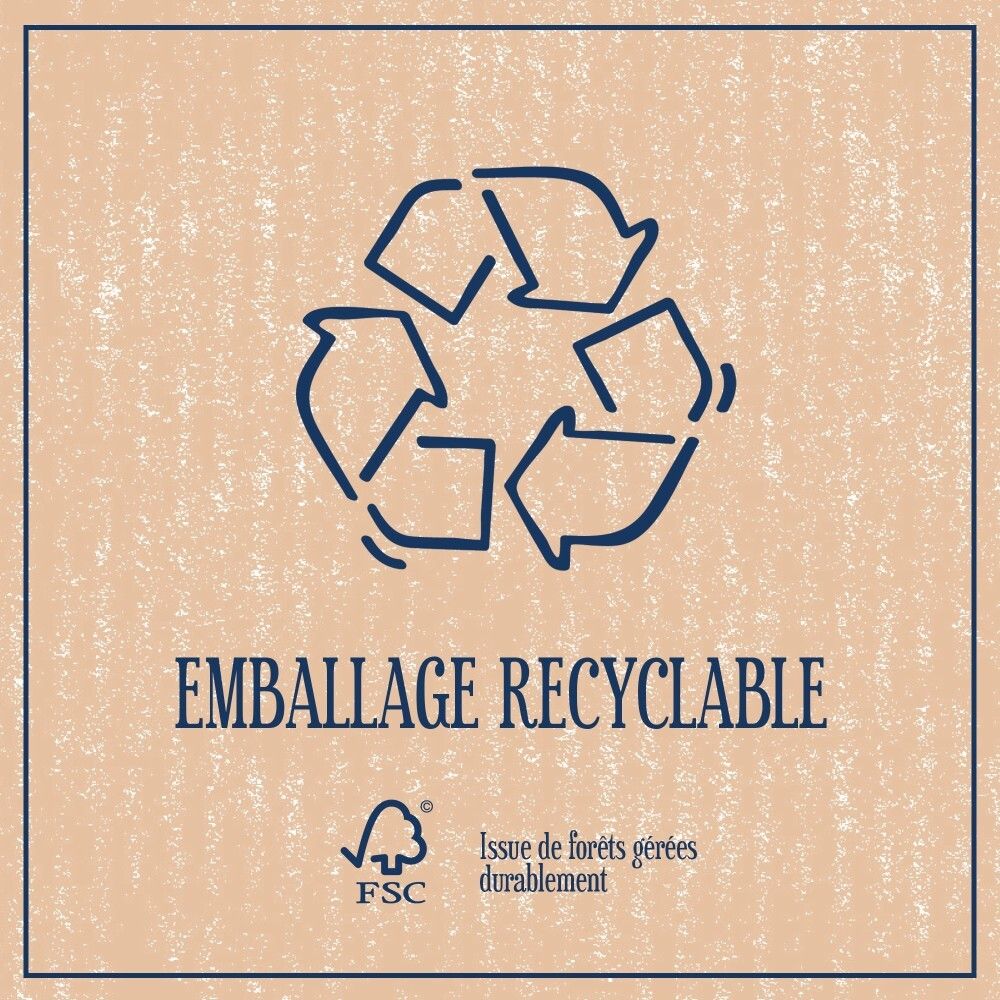 Symbole d'emballage recyclable et certification FSC pour Le Petit Marseillais Savon Brut Tradition.
