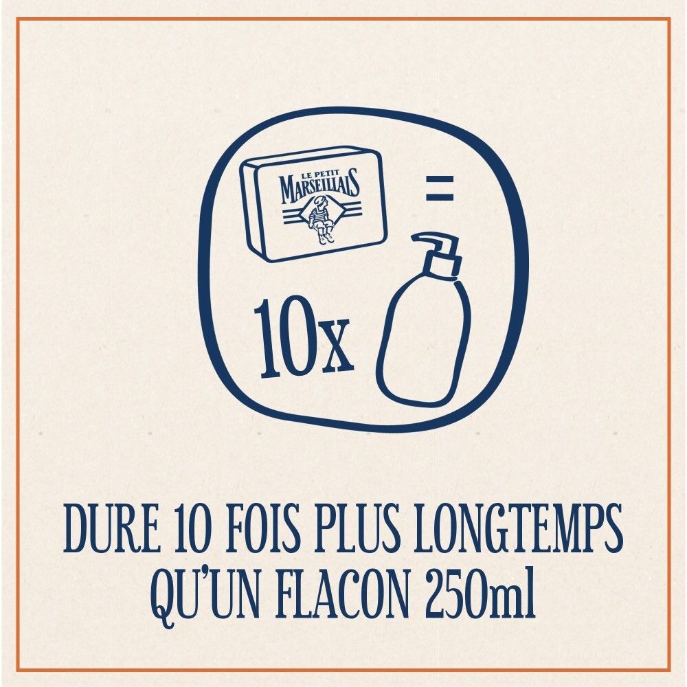 Le Petit Marseillais Savon Brut Tradition dure 10x plus longtemps qu'une bouteille de 250ml de savon liquide.