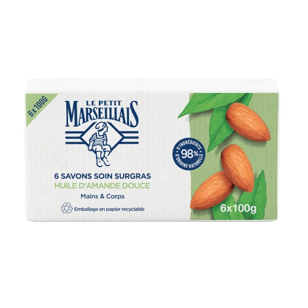 Boîte de 6 savons Le Petit Marseillais à l'huile d'amande douce, avec amandes et feuilles.