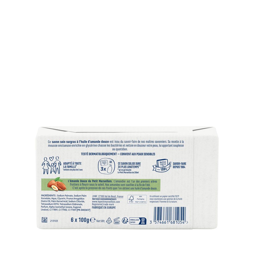 Dos de la boîte avec ingrédients et instructions pour le savon Le Petit Marseillais.