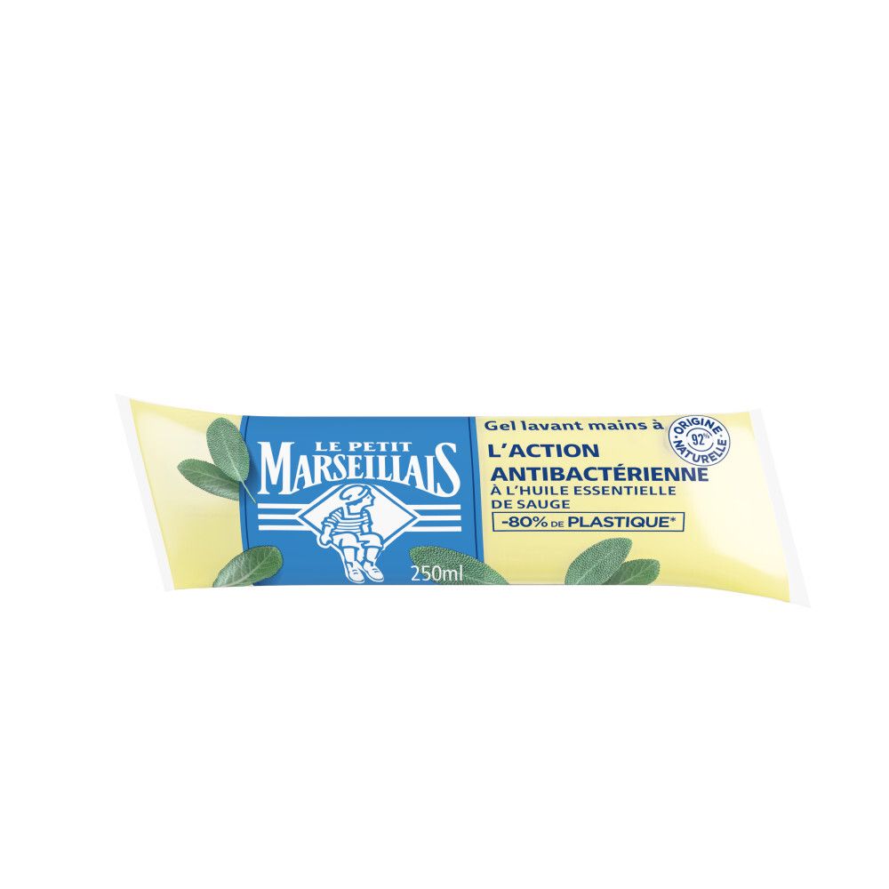 Le Petit Marseillais gel lavant mains antibactérien 250ml à l'huile essentielle de sauge. Emballage jaune avec feuilles.