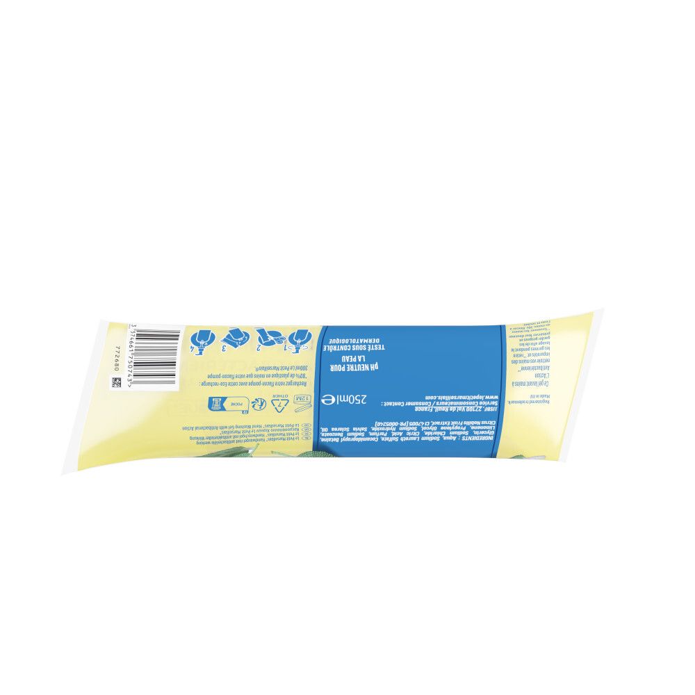Arrière de l'emballage du gel lavant mains antibactérien Le Petit Marseillais 250ml. Contient code-barres et informations produit.