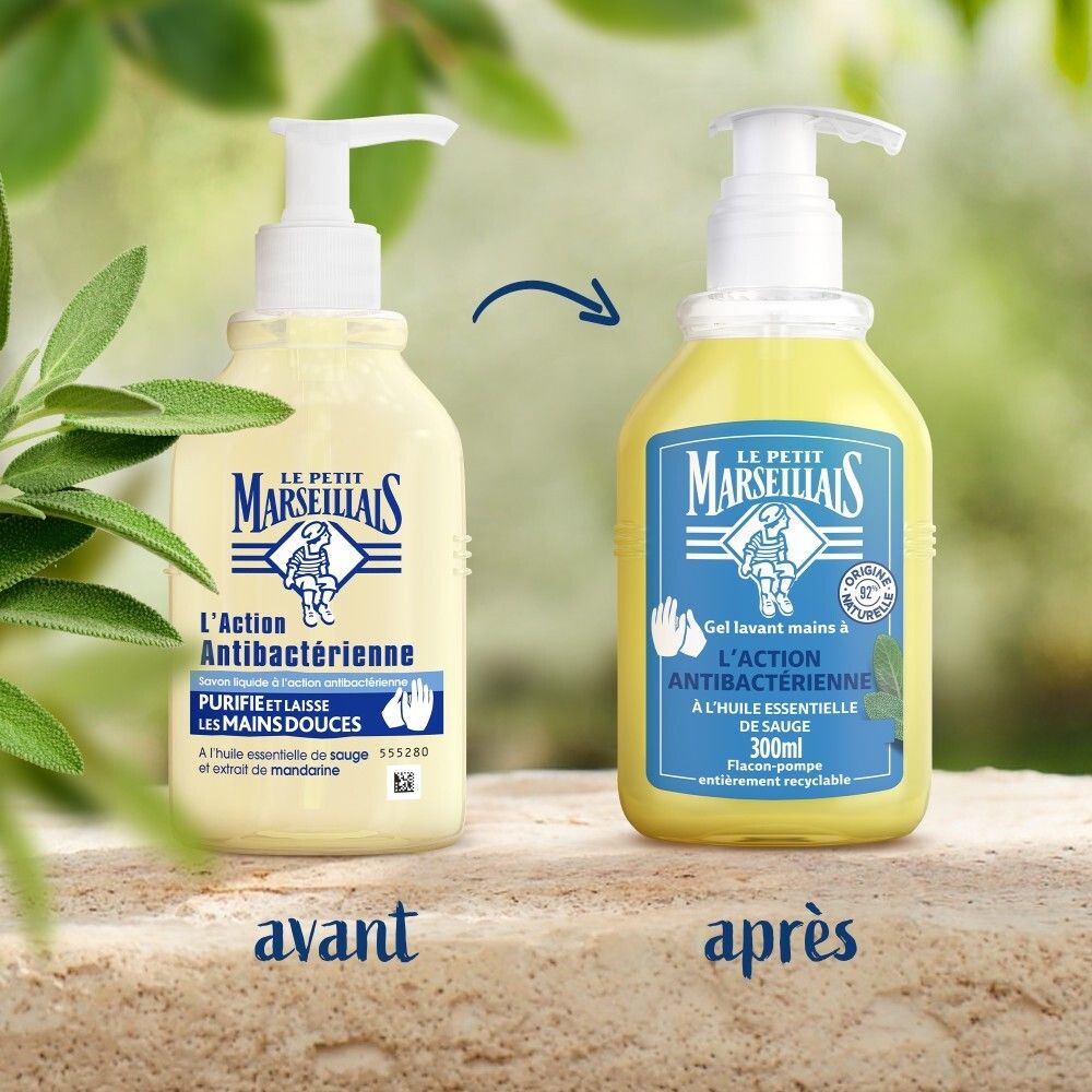 Comparaison : gel lavant mains Le Petit Marseillais "avant" (ancien emballage) et "après" (nouvelle bouteille 300ml).