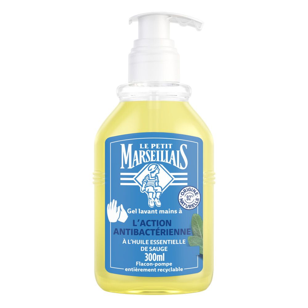 Flacon pompe de savon liquide antibactérien, 300ml. Liquide jaune, étiquette bleue avec inscription blanche.
