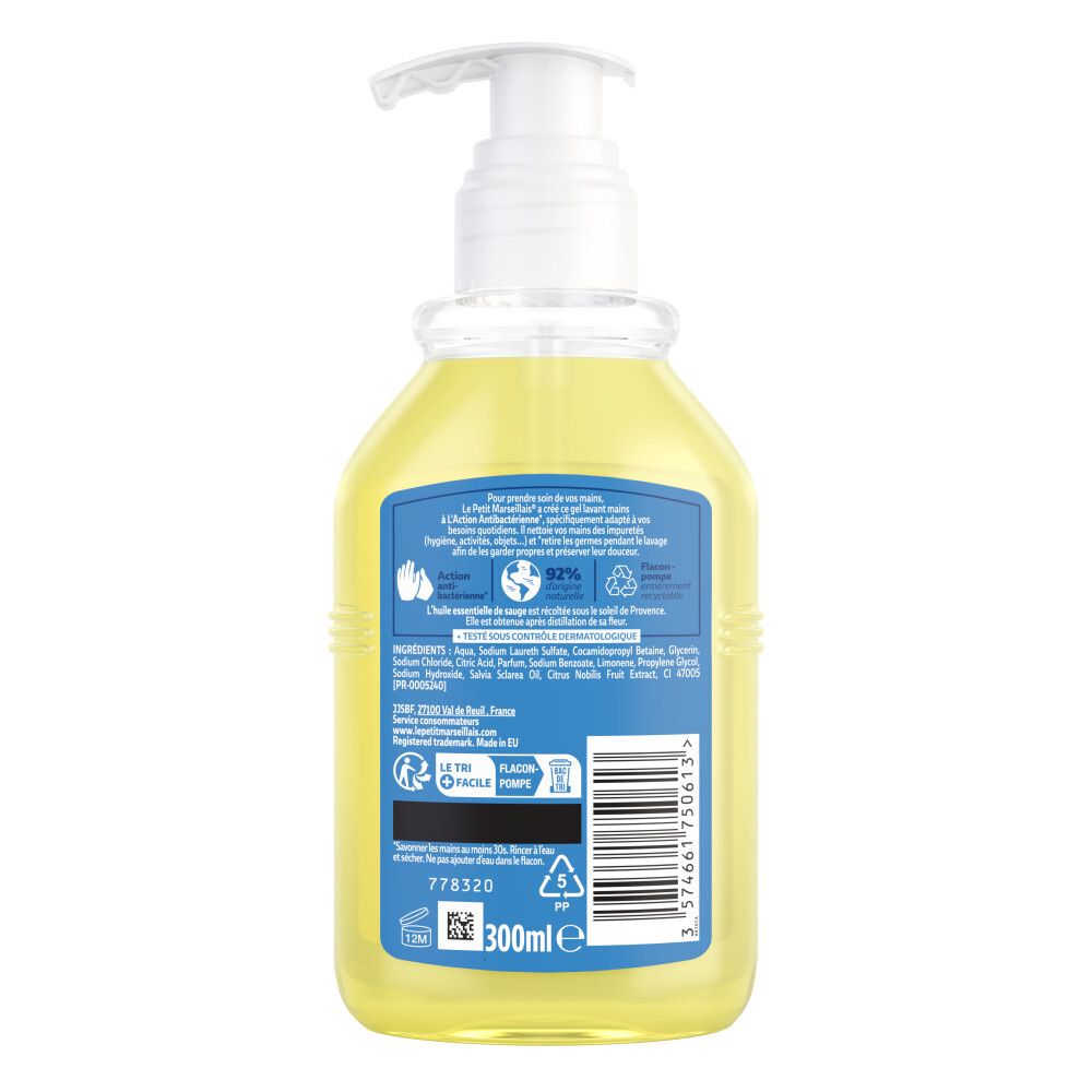 Arrière d'un flacon pompe de savon liquide antibactérien, 300ml. Contient informations sur les ingrédients et symboles de recyclage.
