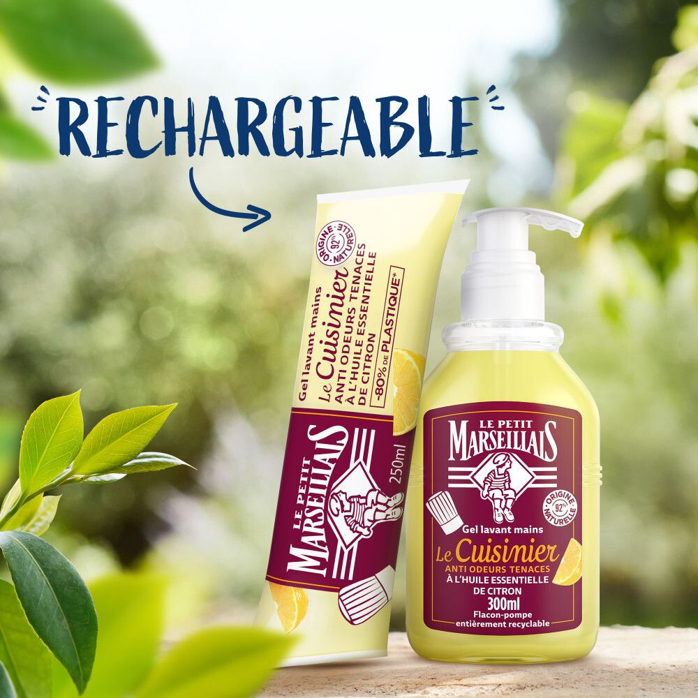 Le Petit Marseillais savon liquide "Le Cuisinier" (recharge 250ml et flacon 300ml).