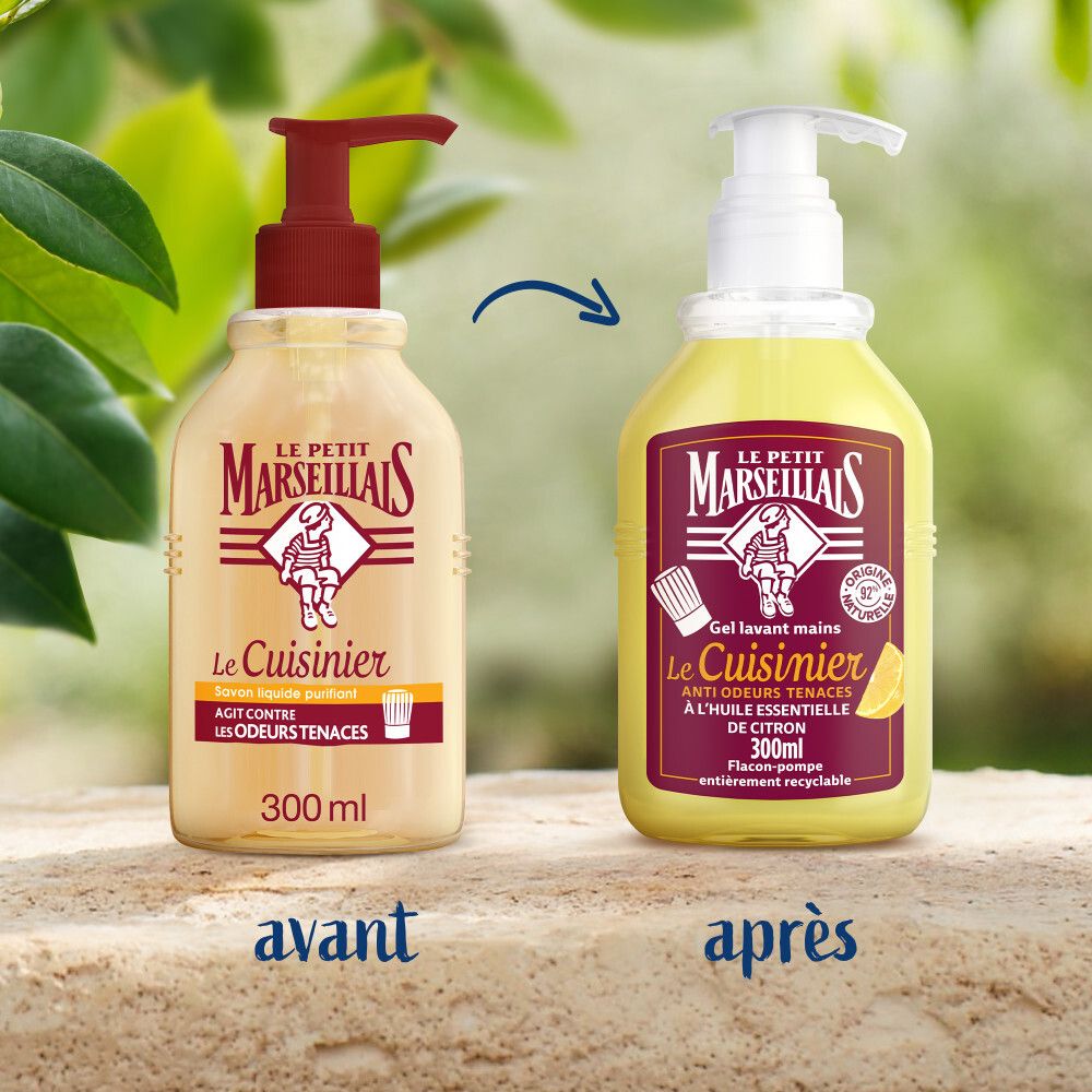 Comparaison : Savon Le Petit Marseillais "Le Cuisinier" avant et après recharge.