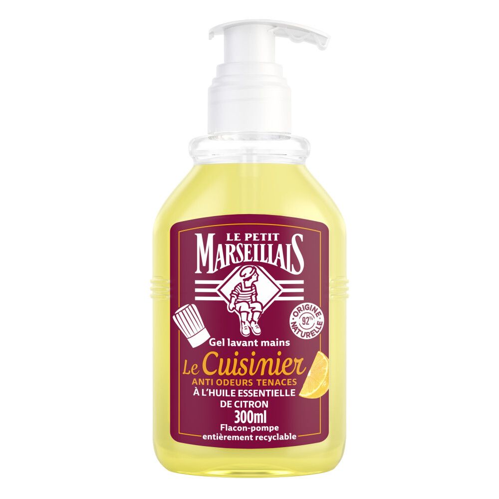 Flacon pompe, gel lavant mains liquide au citron.