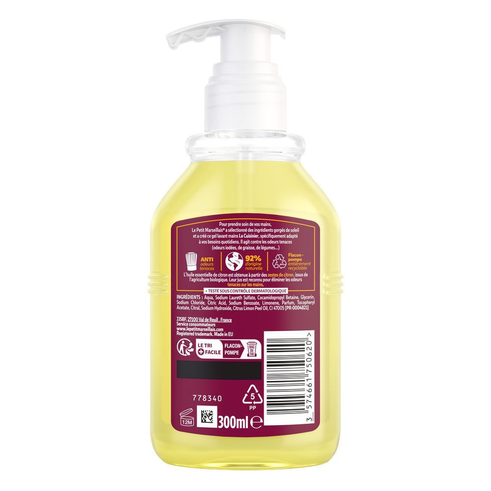 Arrière d'un flacon pompe, savon pour les mains avec ingrédients et informations de recyclage.