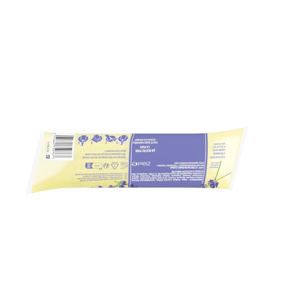 Dos de l'emballage du gel lavant. Emballage jaune avec texte violet. Informations sur le produit et ingrédients.