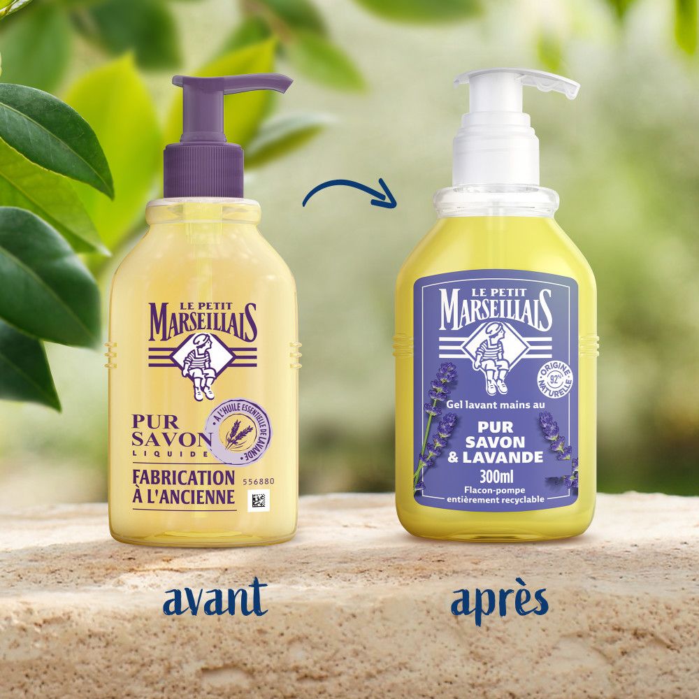 Comparaison avant-après. Gauche: flacon avec pompe violette. Droite: flacon avec pompe blanche. Marque: LE PETIT MARSEILLAIS.