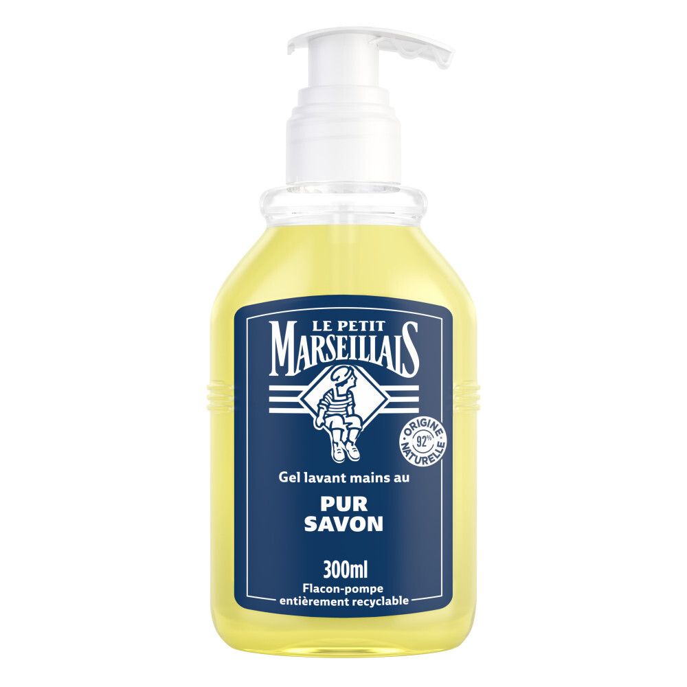 Flacon pompe de savon liquide avec étiquette bleue et pompe blanche.
