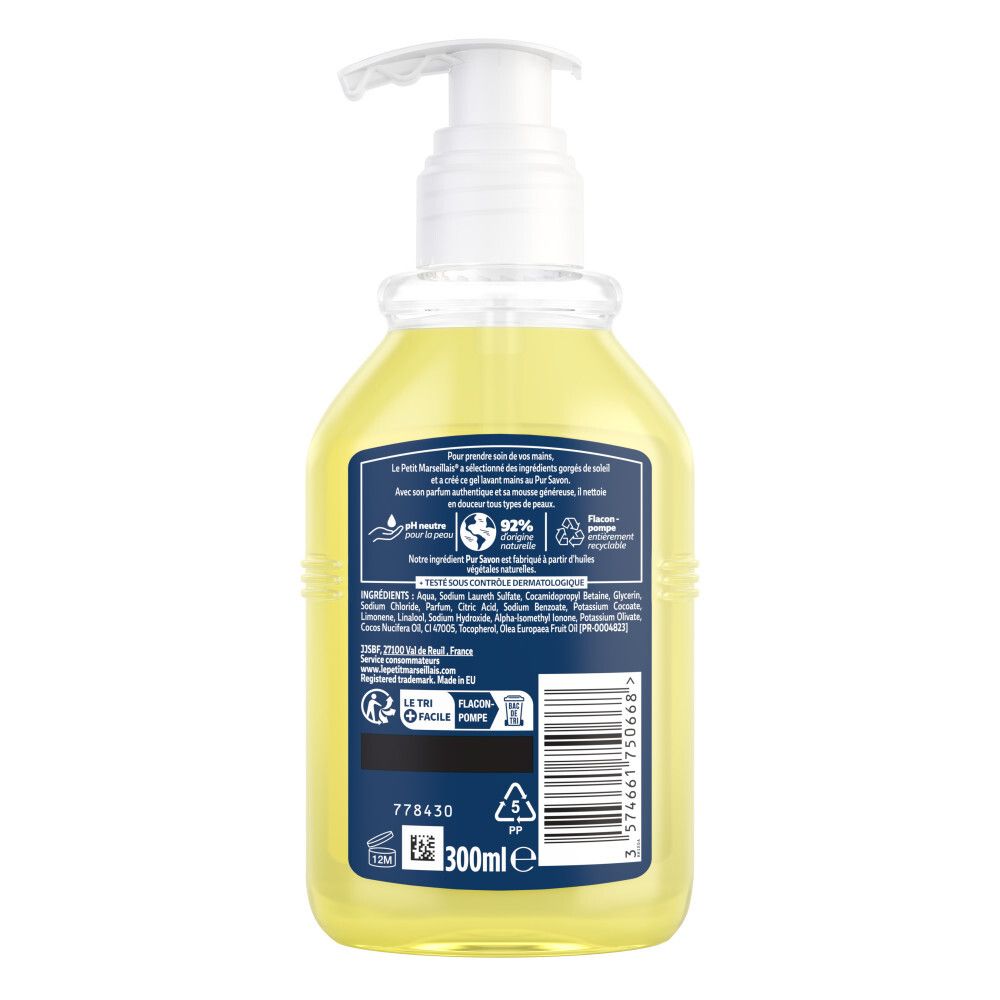 Arrière d'un flacon pompe de savon liquide avec ingrédients et symboles de recyclage.