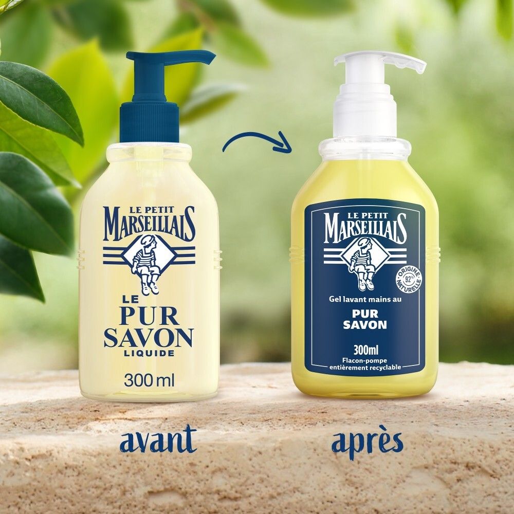 Comparaison entre l'ancien et le nouveau design d'un flacon pompe de savon liquide.