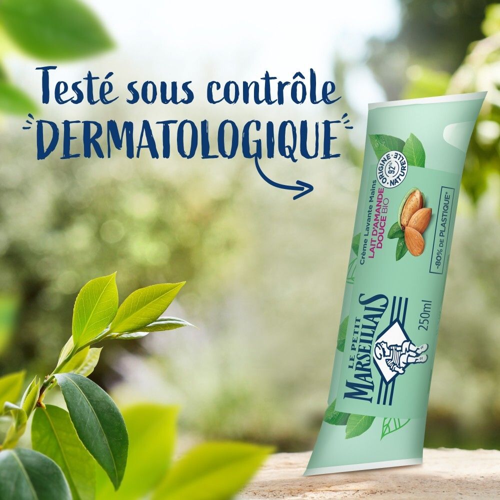 Crème lavante mains Le Petit Marseillais, "Testé sous contrôle dermatologique" mis en avant.