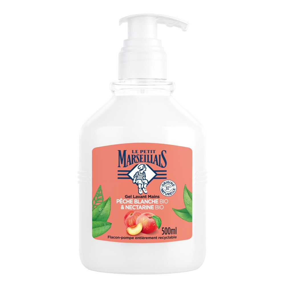 Flacon pompe blanc avec étiquette orange, motif pêche et nectarine.