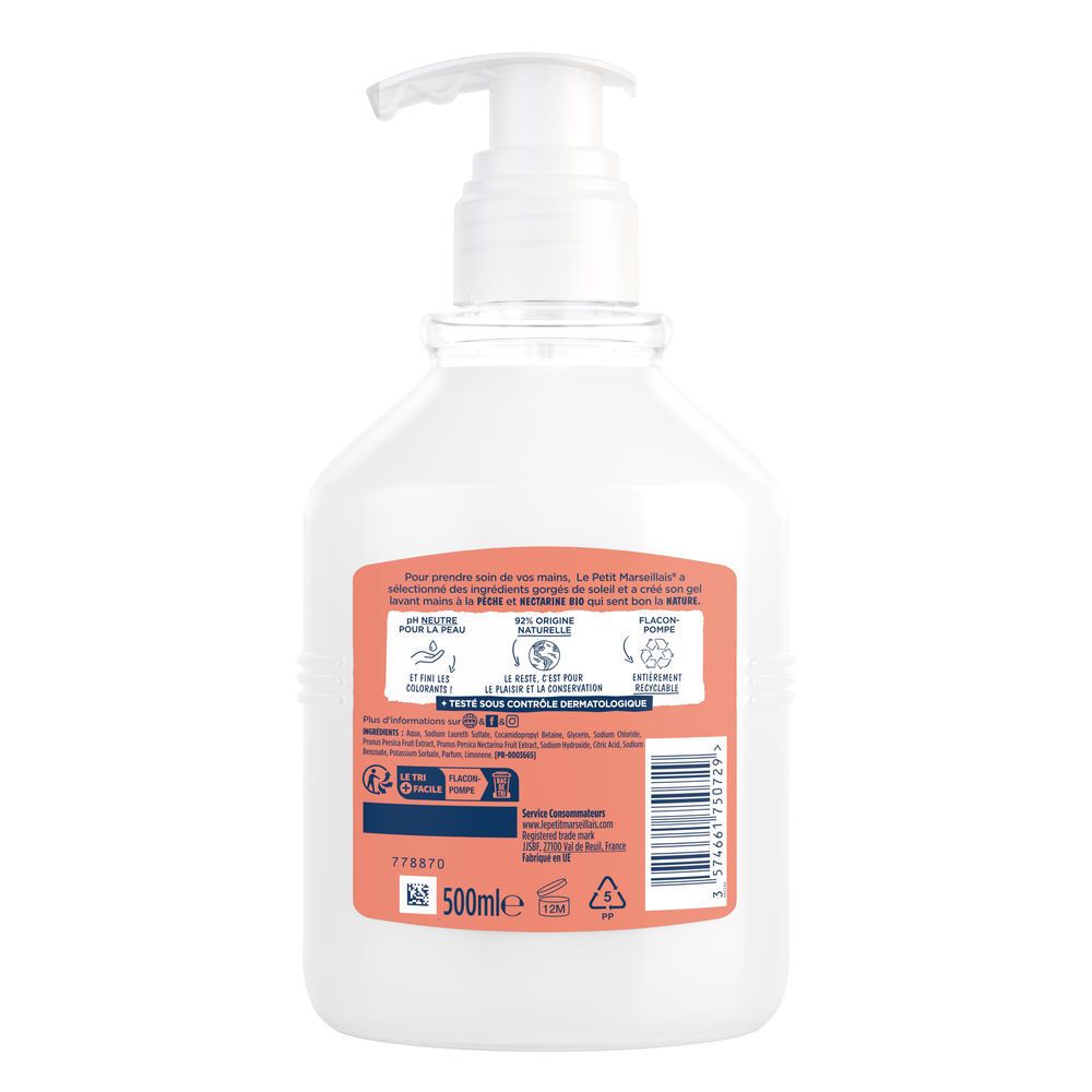 Arrière d'un flacon pompe blanc avec étiquette orange et informations produit.