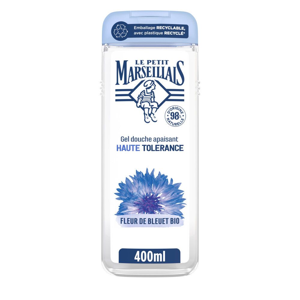 Flacon de gel douche avec bouchon bleu et étiquette à la fleur de bleuet. Contient 98% d'ingrédients naturels.