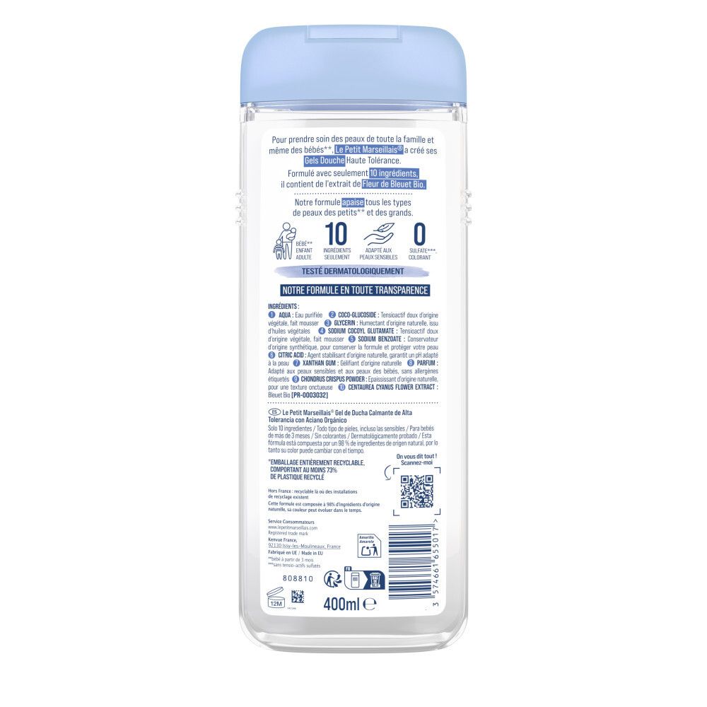 Arrière d'un flacon de gel douche avec liste d'ingrédients et informations. Formule avec 10 ingrédients.