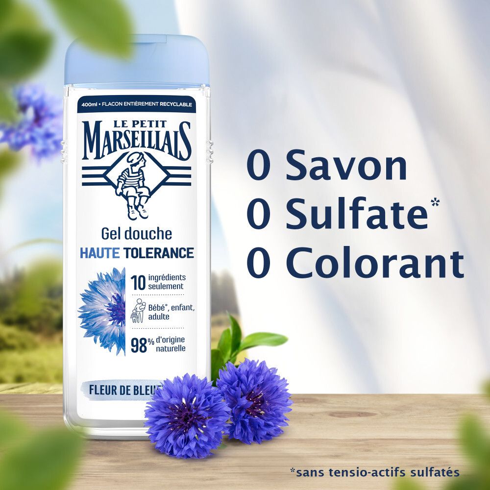 Flacon de gel douche avec mention '0 Savon, 0 Sulfate, 0 Colorant'.