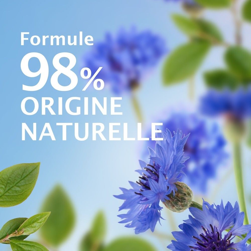 Gros plan de bleuets avec texte '98% d'origine naturelle'.