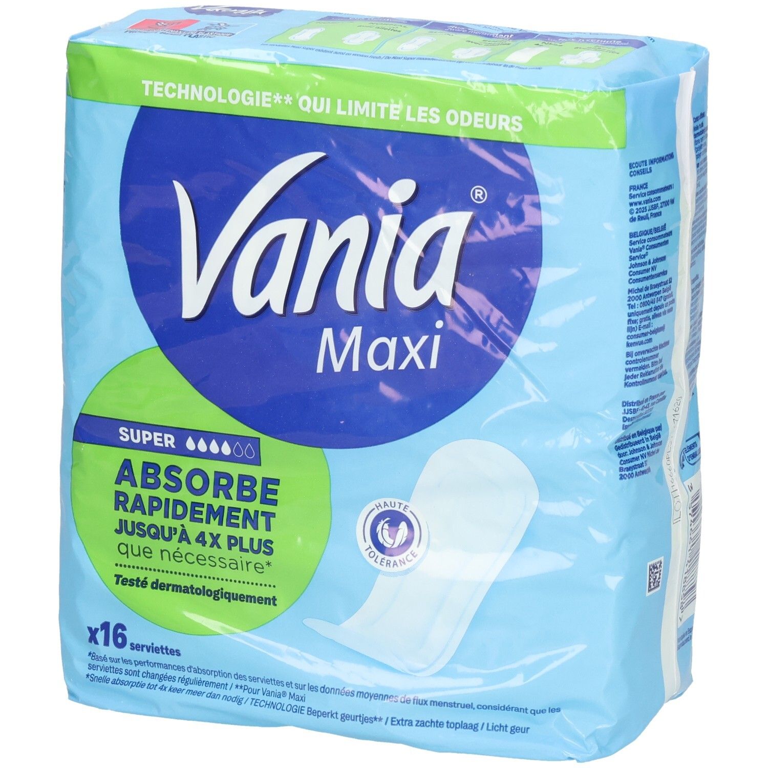 Serviettes Vania Maxi, lot de 16. Super absorption, testé dermatologiquement.
