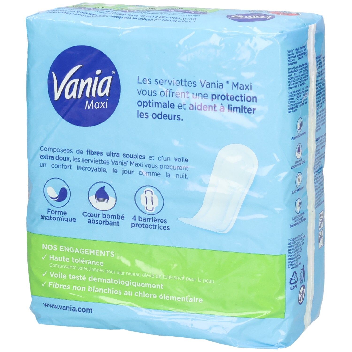 Serviettes Vania Maxi, lot de 16. Forme anatomique, cœur absorbant, 4 barrières.