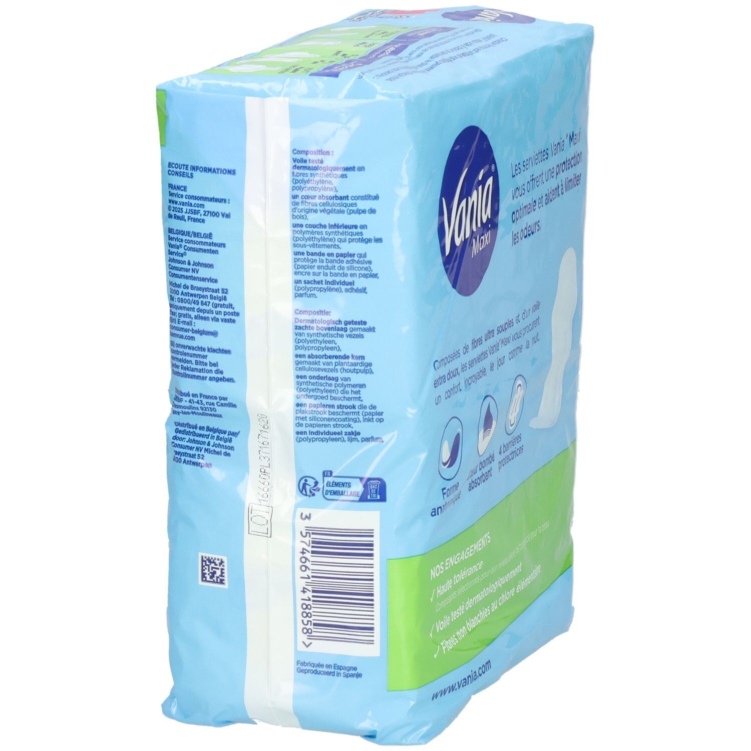 Serviettes Vania Maxi, lot de 16. Dos avec code-barres et informations produit.