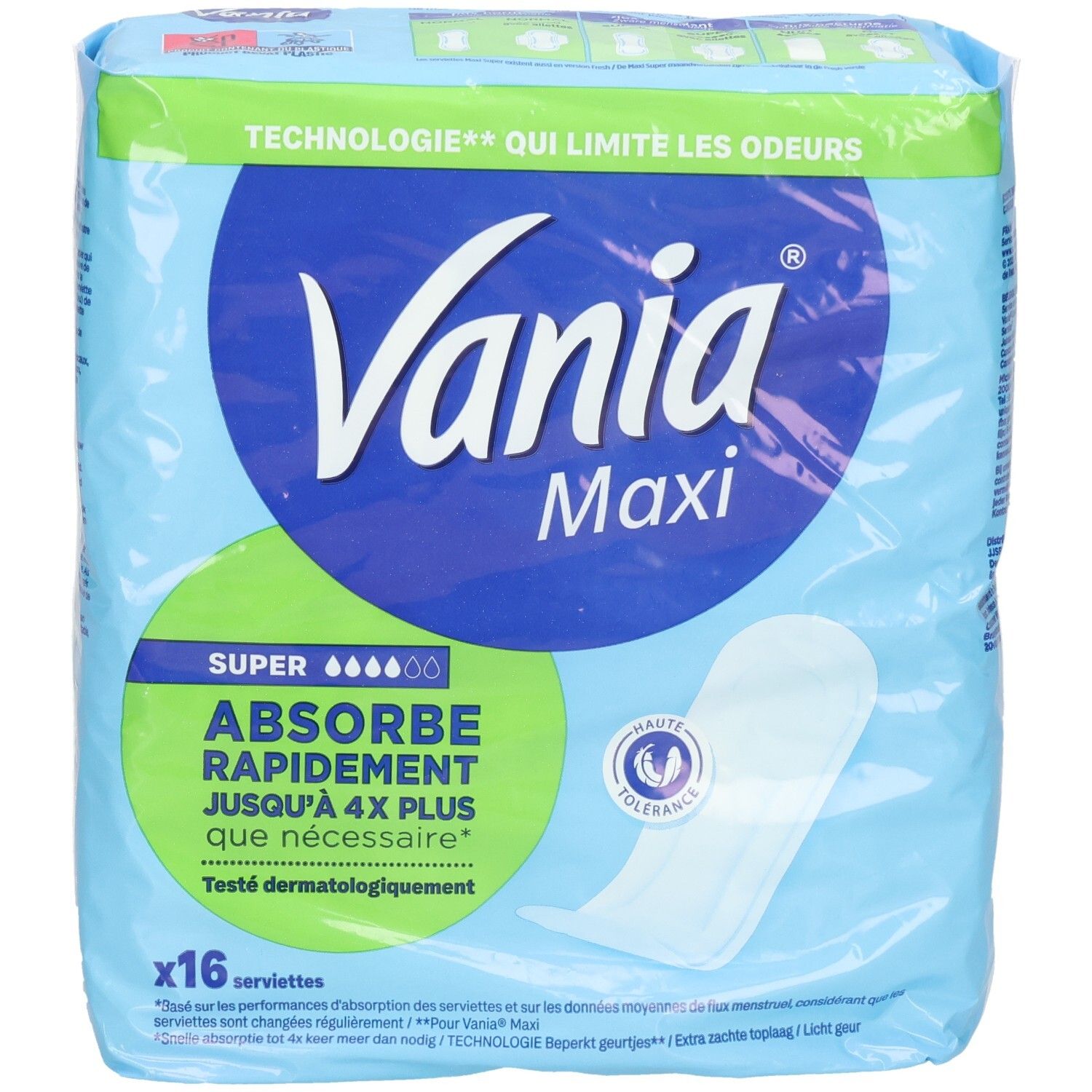 Serviettes Vania Maxi, lot de 16. Super absorption, testé dermatologiquement.