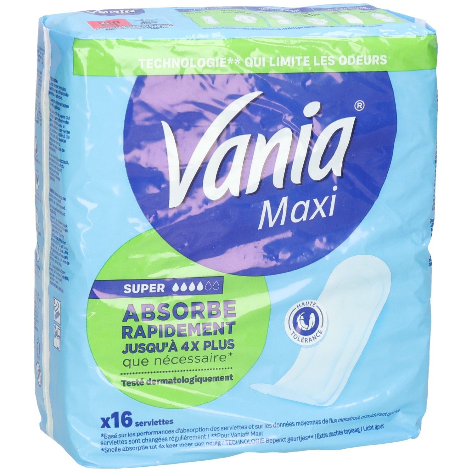 Serviettes Vania Maxi, lot de 16. Super absorption, testé dermatologiquement.
