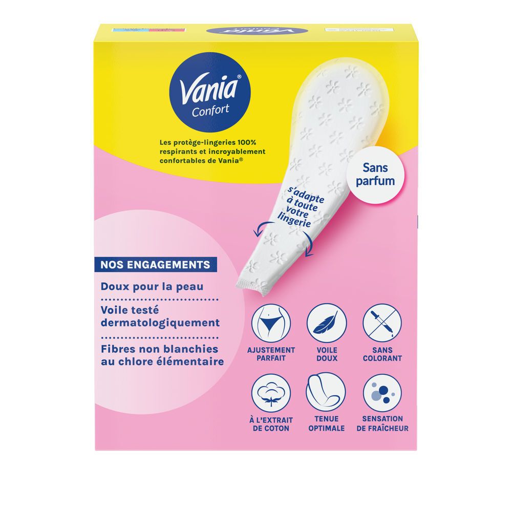 Vania Confort protège-slips: 100% respirant, testé dermatologiquement, extrait de coton, sans colorant.