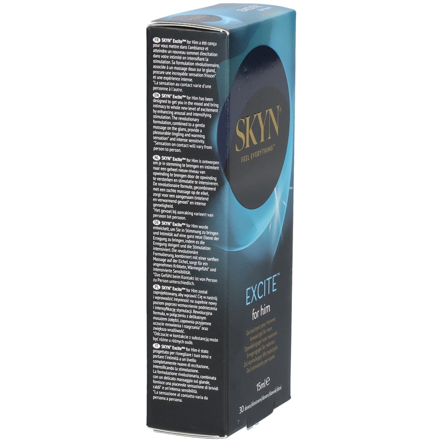 Vue latérale de l'emballage. Logo SKYN et nom du produit EXCITE for him. Texte multilingue.
