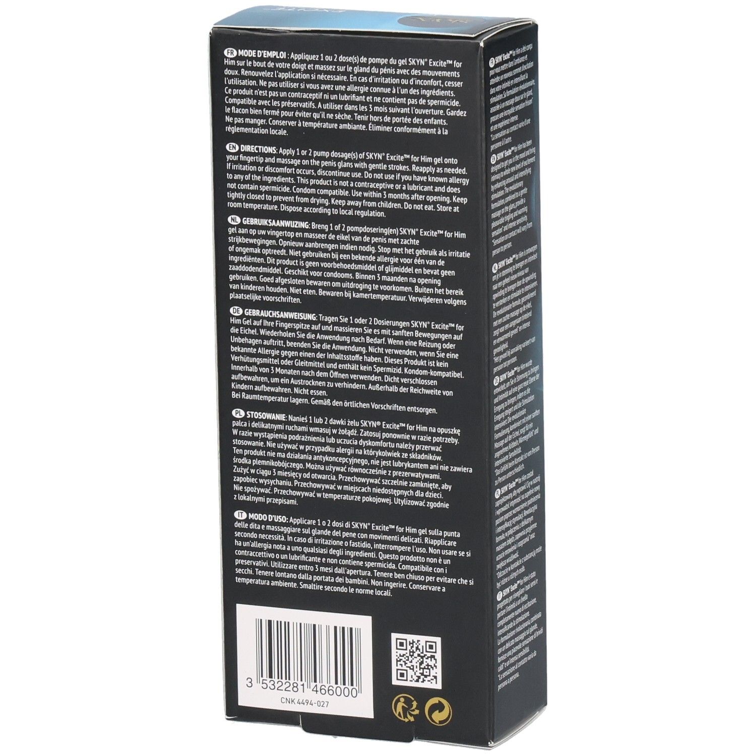 Dos de l'emballage. Instructions et avertissements multilingues. Code-barres et logos.