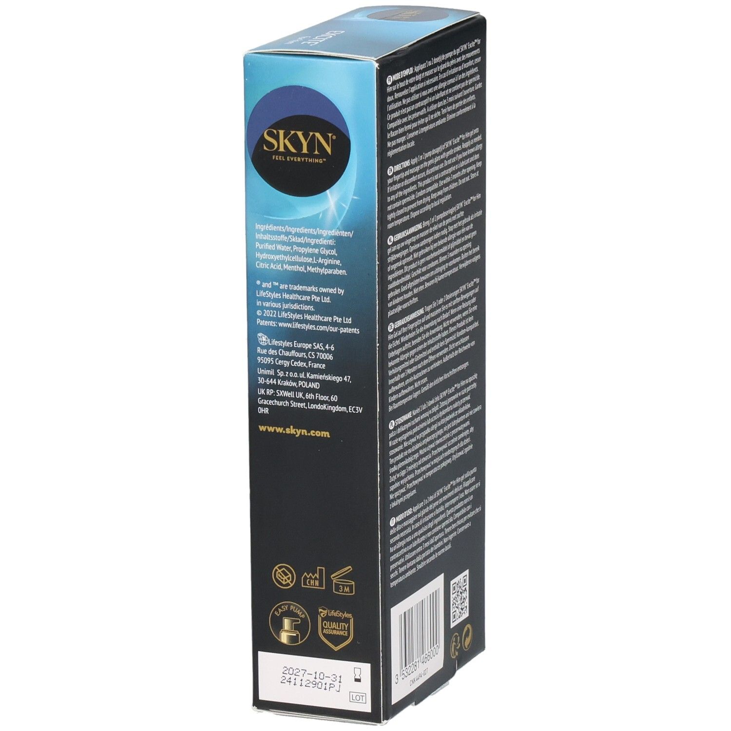 Vue latérale de l'emballage. Logo SKYN, ingrédients, informations fabricant et logos.