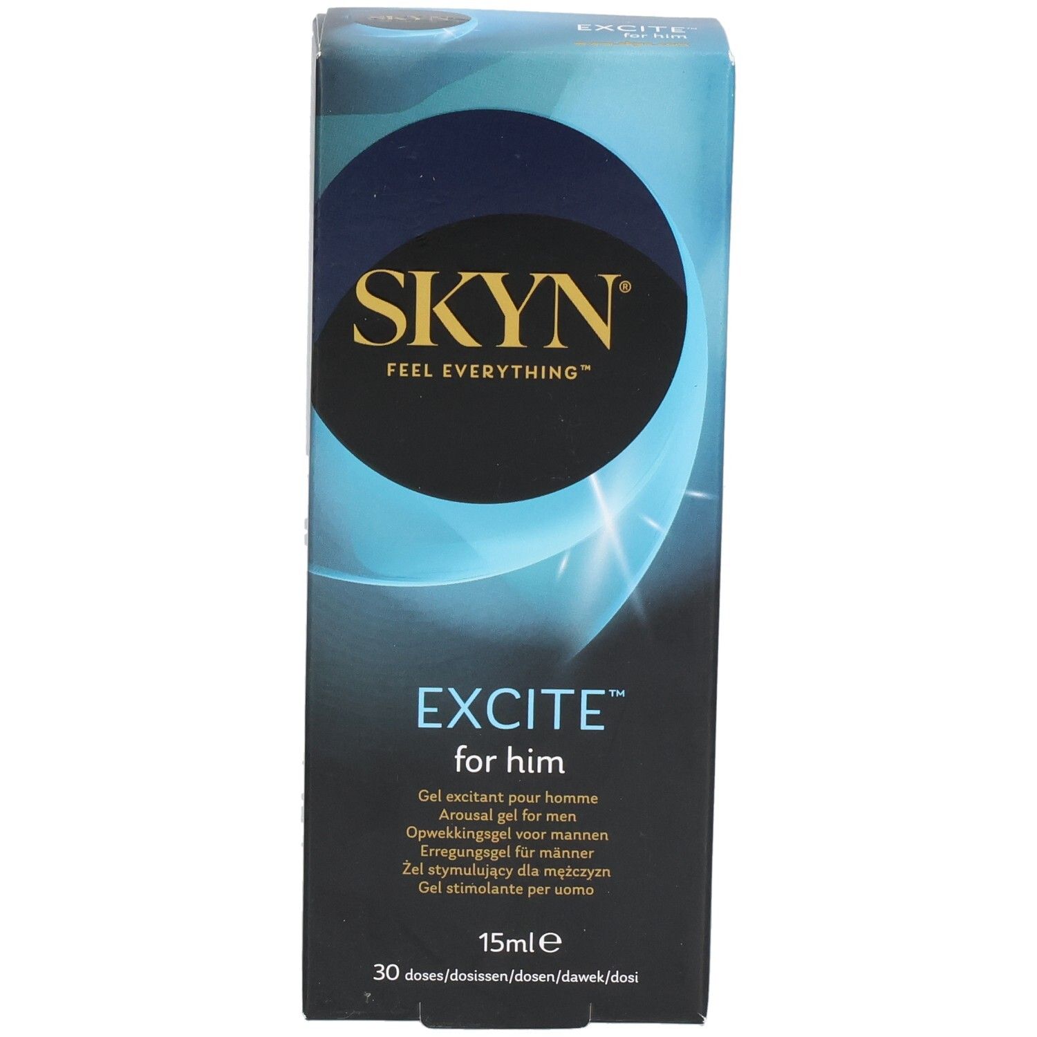 Boîte SKYN EXCITE for him. Inscription en plusieurs langues. Contenance 15ml. Logo SKYN en haut.