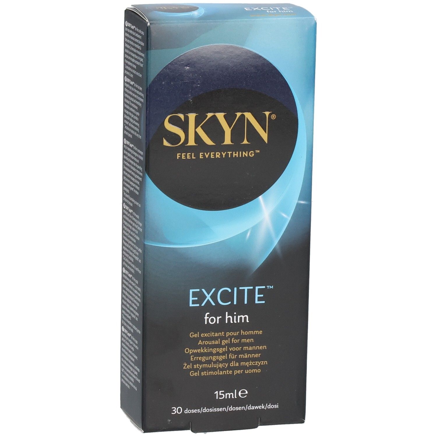 Boîte SKYN EXCITE for him. Inscription en plusieurs langues. Contenance 15ml. Logo SKYN en haut.