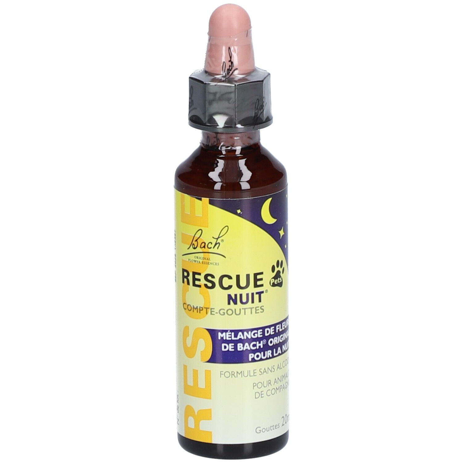 Flacon en verre brun avec pipette rose. Inscription: RESCUE Nuit® Pets. Mélange de fleurs de Bach pour animaux.