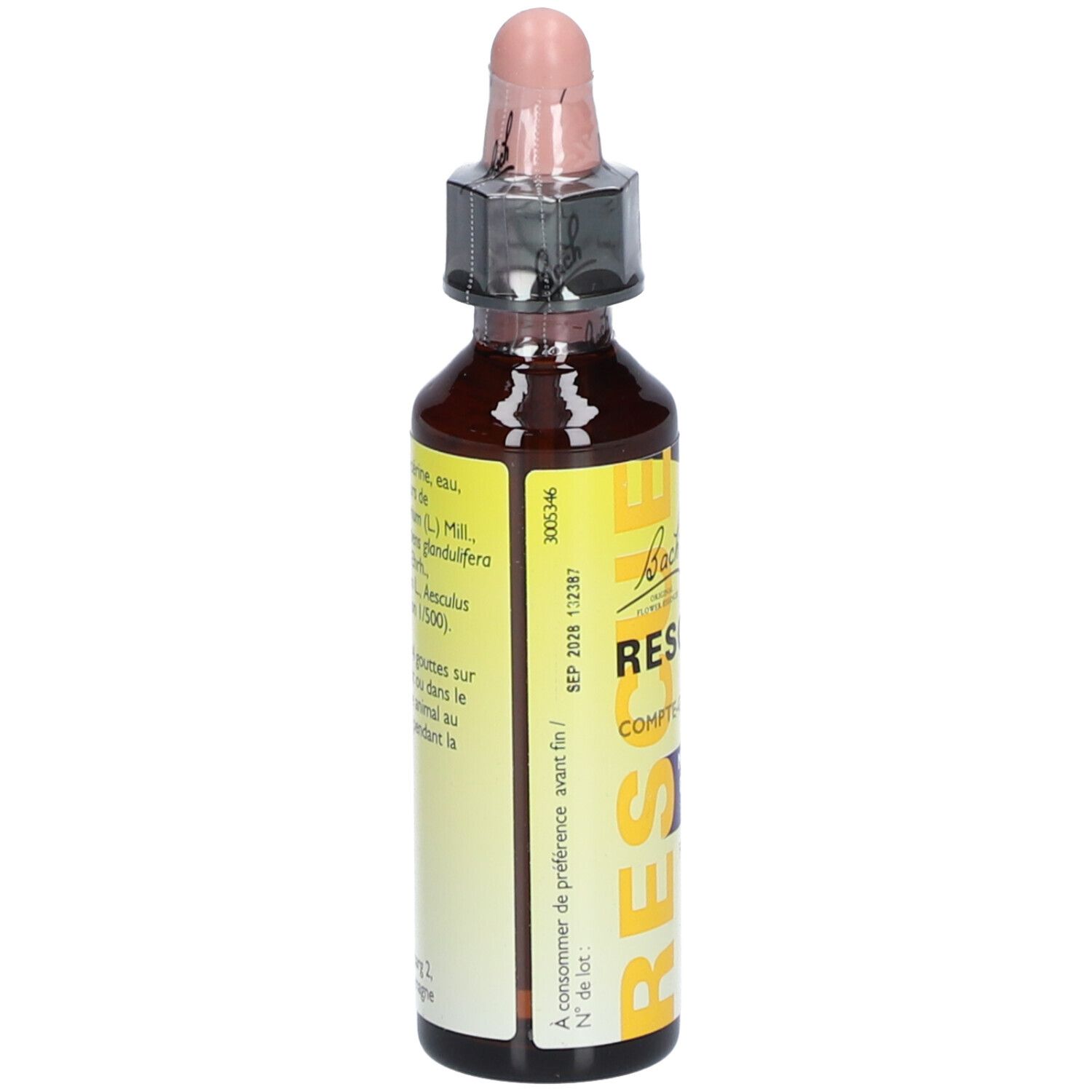Flacon en verre brun avec pipette rose. Inscription: RESCUE Nuit® Pets. Ingrédients au dos.
