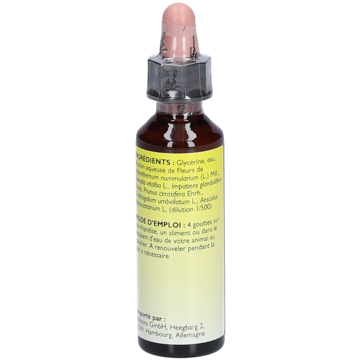 Flacon en verre brun avec pipette rose. Ingrédients: Glycérine, extraits de fleurs. Importé par Nelsons.