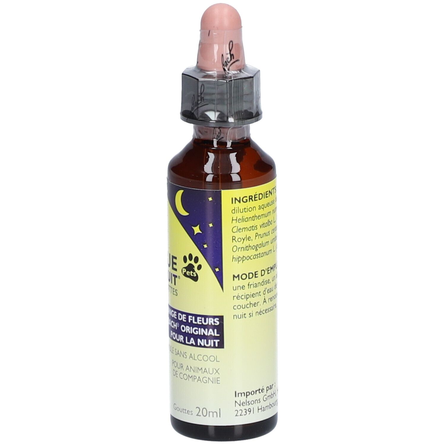 Flacon en verre brun avec pipette rose. Inscription: RESCUE Nuit® Pets. Mode d'emploi.