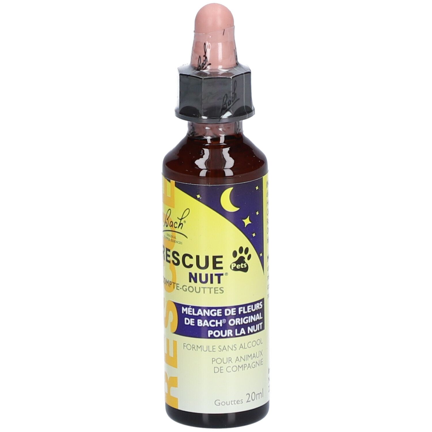 Flacon en verre brun avec pipette rose. Inscription: RESCUE Nuit® Pets. Mélange de fleurs pour animaux. 20ml.