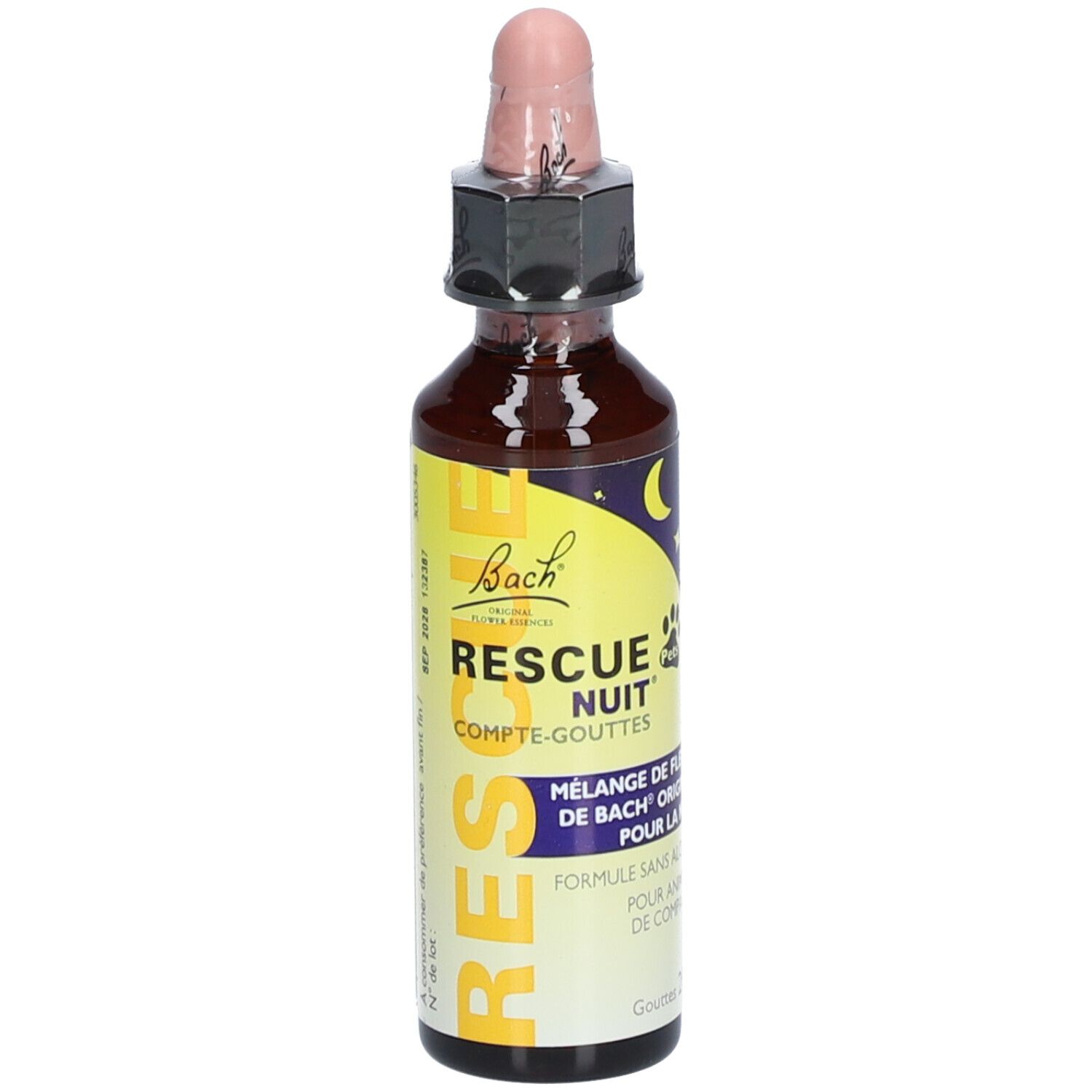 Flacon en verre brun avec pipette rose. Inscription: RESCUE Nuit® Pets. Mélange de fleurs pour animaux. 20ml.